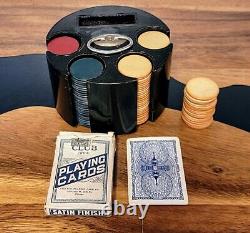 VTG Poker Set in Wood Stand with Original Playing Cards & Bakelite Chips