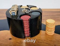 VTG Poker Set in Wood Stand with Original Playing Cards & Bakelite Chips