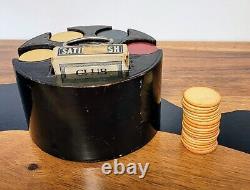 VTG Poker Set in Wood Stand with Original Playing Cards & Bakelite Chips