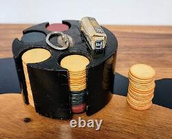 VTG Poker Set in Wood Stand with Original Playing Cards & Bakelite Chips