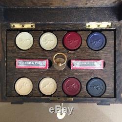 Vintage 1930s Wood Poker Chip Box Caddy Set Clay Chips, New Cards, Lock And Key
