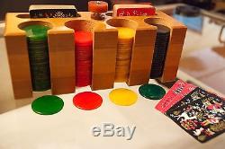 Vintage 1940's Bakelite Poker Chip Caddy Set 101 Chips with Cards Mid Century