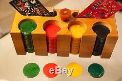 Vintage 1940's Bakelite Poker Chip Caddy Set 101 Chips with Cards Mid Century