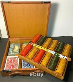 Vintage 465 Bakelite Catalin Marbled Swirl Poker Chips Game Set Cards & Dice