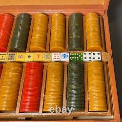 Vintage 465 Bakelite Catalin Marbled Swirl Poker Chips Game Set Cards & Dice