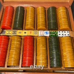 Vintage 465 Bakelite Catalin Marbled Swirl Poker Chips Game Set Cards & Dice