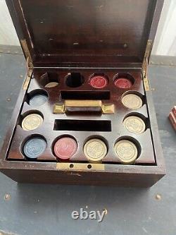 Vintage Antique Clay Poker Chip Set In Original Box Case Automobile