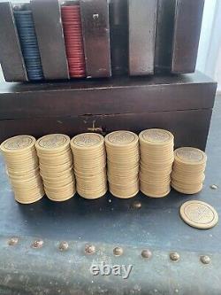 Vintage Antique Clay Poker Chip Set In Original Box Case Automobile