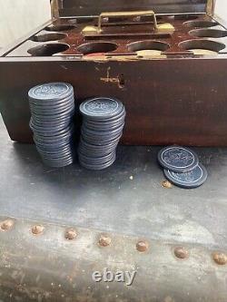 Vintage Antique Clay Poker Chip Set In Original Box Case Automobile