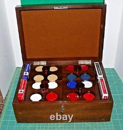 Vintage Antique Clay Poker Chip Set In Original Mahogany Box Case Antique