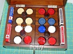 Vintage Antique Clay Poker Chip Set In Original Mahogany Box Case Antique