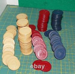 Vintage Antique Clay Poker Chip Set In Original Mahogany Box Case Antique