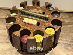 Vintage Antique Early 1900s Wooden Swivel Poker Set With 230+ Clay Chips & 2 Decks