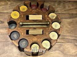 Vintage Antique Early 1900s Wooden Swivel Poker Set With 230+ Clay Chips & 2 Decks