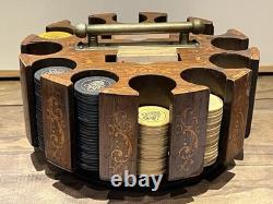 Vintage Antique Early 1900s Wooden Swivel Poker Set With 230+ Clay Chips & 2 Decks