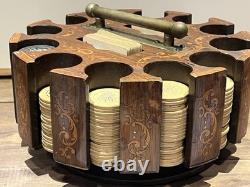 Vintage Antique Early 1900s Wooden Swivel Poker Set With 230+ Clay Chips & 2 Decks