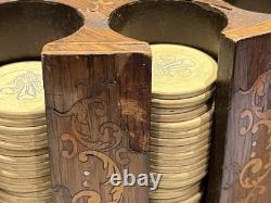 Vintage Antique Early 1900s Wooden Swivel Poker Set With 230+ Clay Chips & 2 Decks