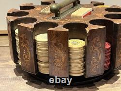 Vintage Antique Early 1900s Wooden Swivel Poker Set With 230+ Clay Chips & 2 Decks