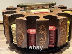 Vintage Antique Early 1900s Wooden Swivel Poker Set With 230+ Clay Chips & 2 Decks