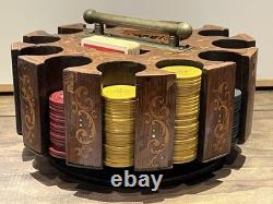 Vintage Antique Early 1900s Wooden Swivel Poker Set With 230+ Clay Chips & 2 Decks