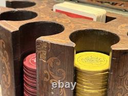 Vintage Antique Early 1900s Wooden Swivel Poker Set With 230+ Clay Chips & 2 Decks