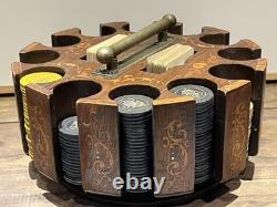 Vintage Antique Early 1900s Wooden Swivel Poker Set With 230+ Clay Chips & 2 Decks