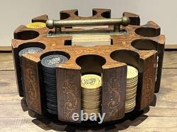 Vintage Antique Early 1900s Wooden Swivel Poker Set With 230+ Clay Chips & 2 Decks