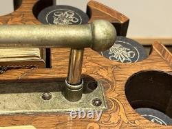 Vintage Antique Early 1900s Wooden Swivel Poker Set With 230+ Clay Chips & 2 Decks