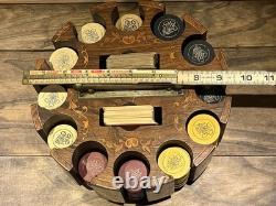 Vintage Antique Early 1900s Wooden Swivel Poker Set With 230+ Clay Chips & 2 Decks