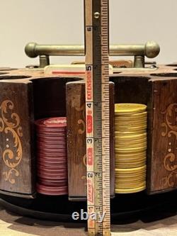 Vintage Antique Early 1900s Wooden Swivel Poker Set With 230+ Clay Chips & 2 Decks