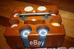 Vintage Antique Poker Chip Set 200+ Inlaid Chips Wood Box Handle + Playing Cards