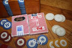 Vintage Antique Poker Chip Set 200+ Inlaid Chips Wood Box Handle + Playing Cards