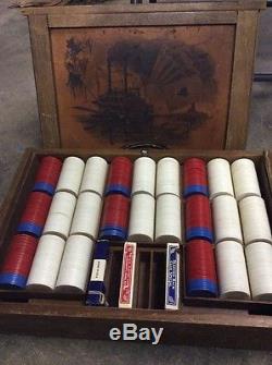 Vintage Antique Poker Set Wooden And Leather Box Riverboat One Of A Kind