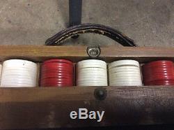 Vintage Antique Poker Set Wooden And Leather Box Riverboat One Of A Kind