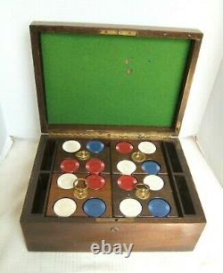 Vintage Antique Set Of Poker Chips In Wood Box Star Pattern On Chips