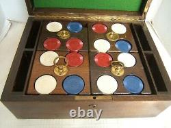 Vintage Antique Set Of Poker Chips In Wood Box Star Pattern On Chips