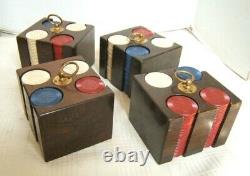 Vintage Antique Set Of Poker Chips In Wood Box Star Pattern On Chips