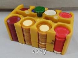 Vintage Bakelite Butterscotch Poker Caddy Holder & Poker Chips Set