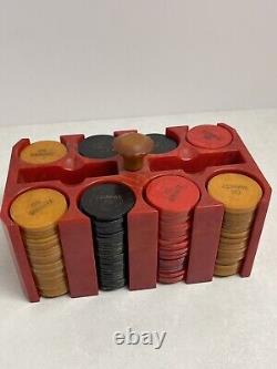 Vintage Bakelite Catalin 200 Poker Chip Set & Red Caddy Engraved OS Swartz