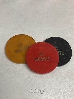 Vintage Bakelite Catalin 200 Poker Chip Set & Red Caddy Engraved OS Swartz