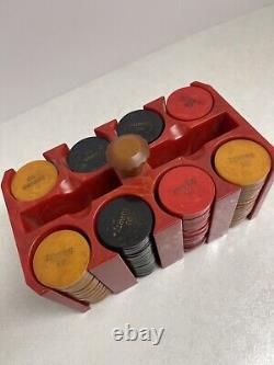 Vintage Bakelite Catalin 200 Poker Chip Set & Red Caddy Engraved OS Swartz