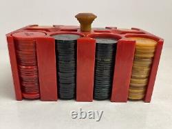 Vintage Bakelite Catalin 200 Poker Chip Set & Red Caddy Engraved OS Swartz