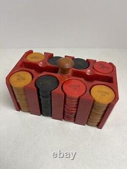 Vintage Bakelite Catalin 200 Poker Chip Set & Red Caddy Engraved OS Swartz