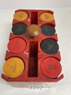 Vintage Bakelite Catalin 200 Poker Chip Set & Red Caddy Engraved OS Swartz