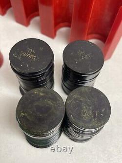 Vintage Bakelite Catalin 200 Poker Chip Set & Red Caddy Engraved OS Swartz