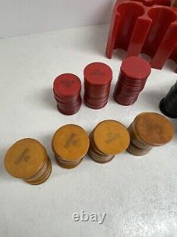 Vintage Bakelite Catalin 200 Poker Chip Set & Red Caddy Engraved OS Swartz