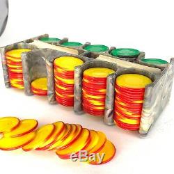 Vintage Bakelite Catalin Poker Chip Caddy Set w Chips Marbled 1940s