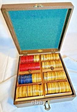 Vintage Bakelite Catalin Poker Chip Set Of 219 In Lowe Case Red Green Buttersc