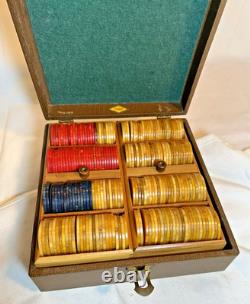 Vintage Bakelite Catalin Poker Chip Set Of 219 In Lowe Case Red Green Buttersc