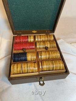 Vintage Bakelite Catalin Poker Chip Set Of 219 In Lowe Case Red Green Buttersc